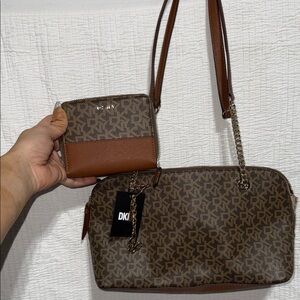 DKNY Tan and Brown Monogram Shoulder Bag